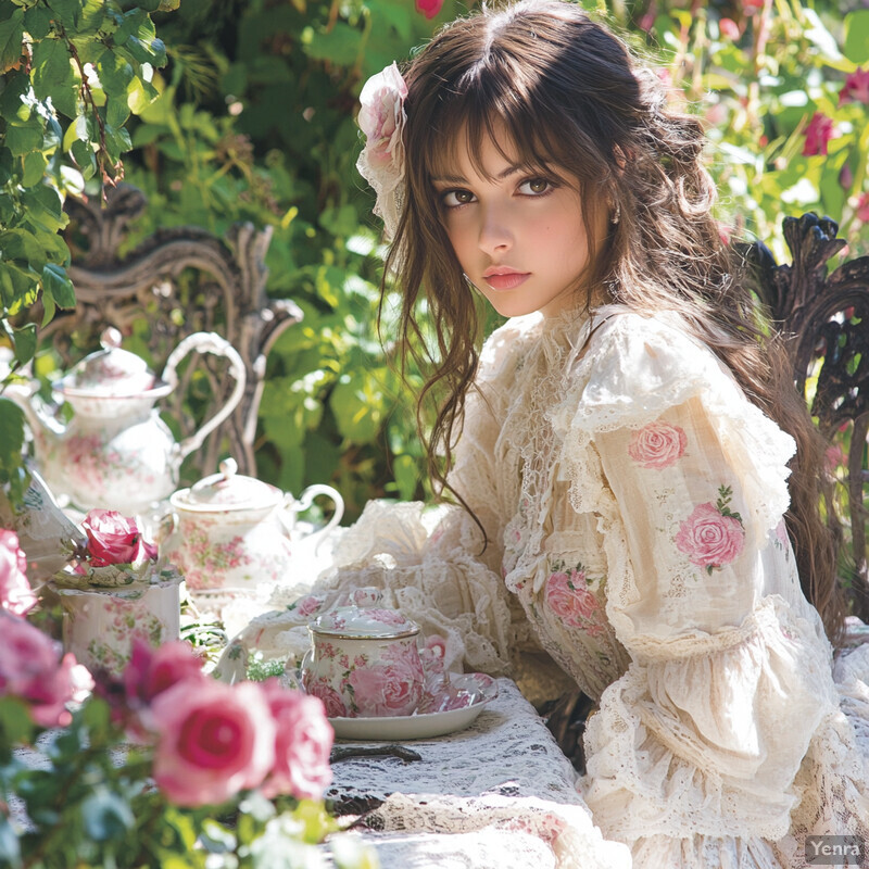 A young girl sits at a table in a lush garden, surrounded by delicate china and sweet treats.