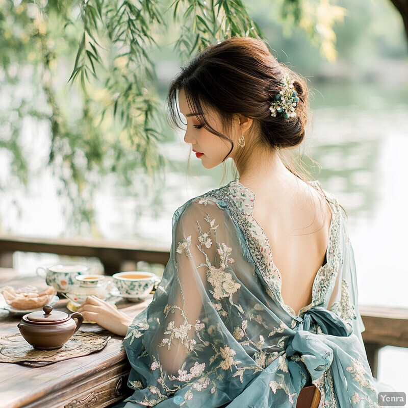 A woman sits at a wooden table surrounded by tea sets and greenery, with a blurred background featuring a body of water.