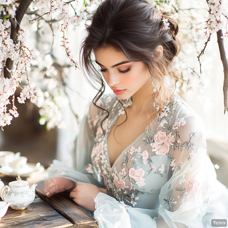 A young woman sits at a wooden table surrounded by cherry blossoms in full bloom, wearing a pale blue floral embroidered gown and holding her hands together delicately.