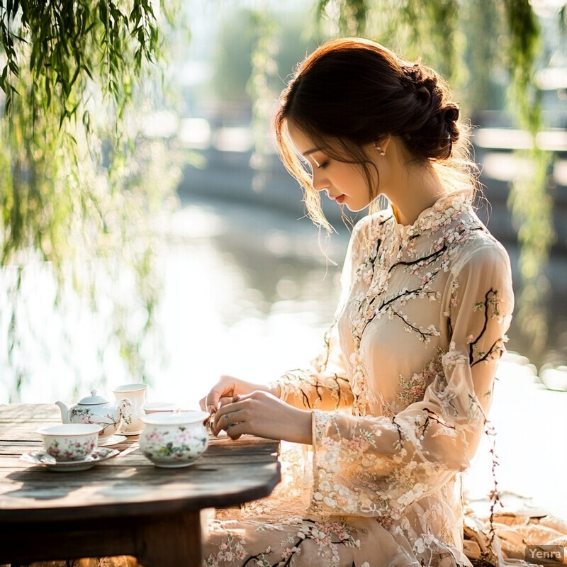 A woman participates in a traditional tea ceremony by a body of water, exuding elegance and poise.