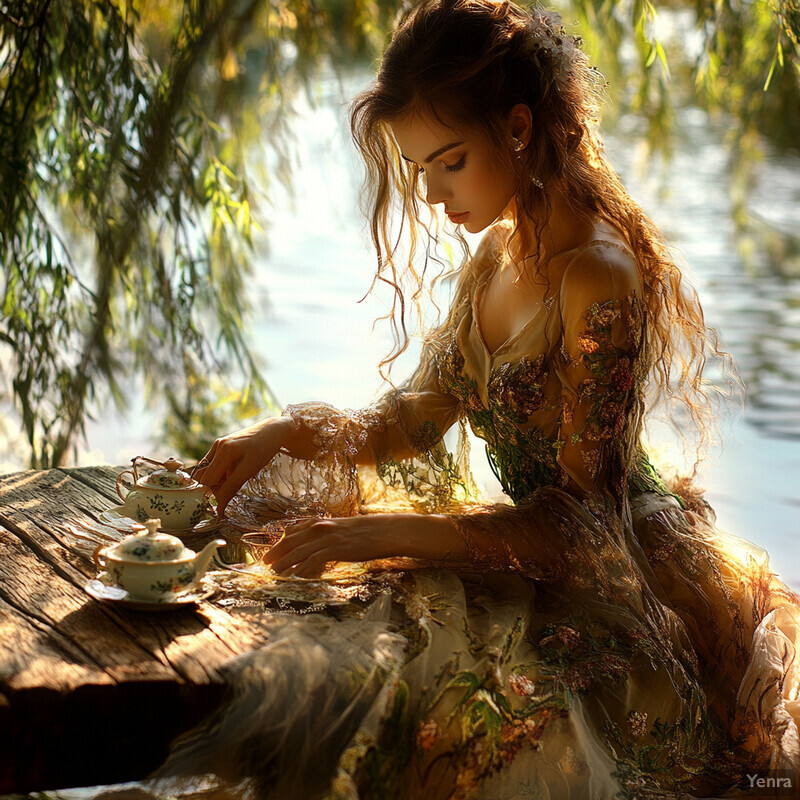 A serene scene of a woman pouring tea under a willow tree