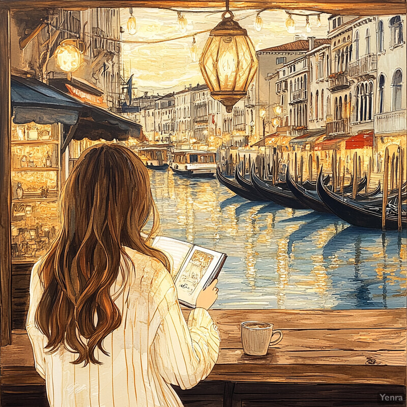 A woman sits at a table overlooking a canal in Venice, Italy, reading a book and enjoying a cup.