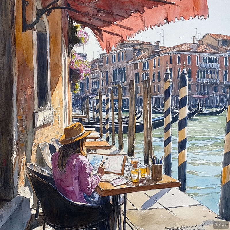 A woman sits at an outdoor table overlooking the canal in Venice, enjoying a meal or snack while taking in the sights and sounds of the city.