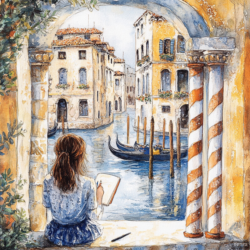 A woman sits on an archway in Venice, sketching the canal scene.