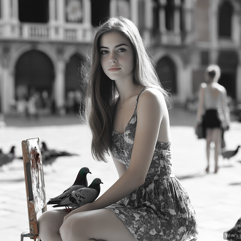 A young woman sits on a worn chair amidst pigeons in front of a grand building.