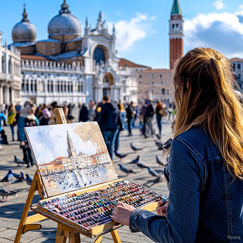 A woman paints St. Mark's Basilica in Venice, Italy