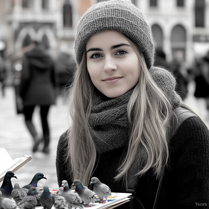 A young woman stands on a city street, engaged in conversation and surrounded by an open sketchbook and pigeons.