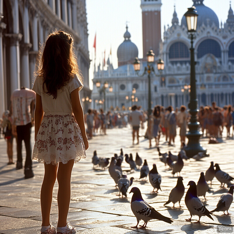 A young girl stands in front of St. Mark's Basilica in Venice, surrounded by pigeons on the cobblestone ground.