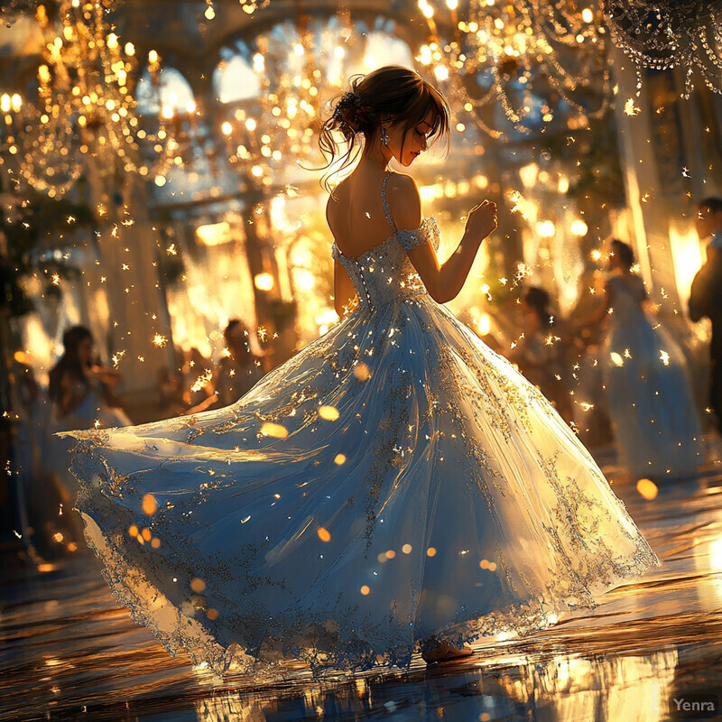 A woman in a white gown dances gracefully in a ballroom setting