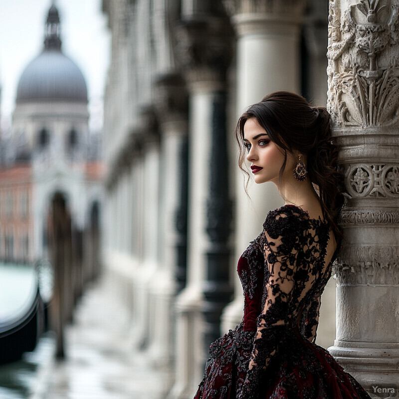 A woman in a lavish black and red gown stands against a column adorned with carvings of mythical creatures, set against a blurred cityscape backdrop.