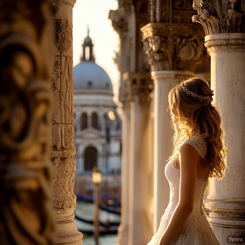 Woman in white wedding dress standing in front of ornate stone pillars