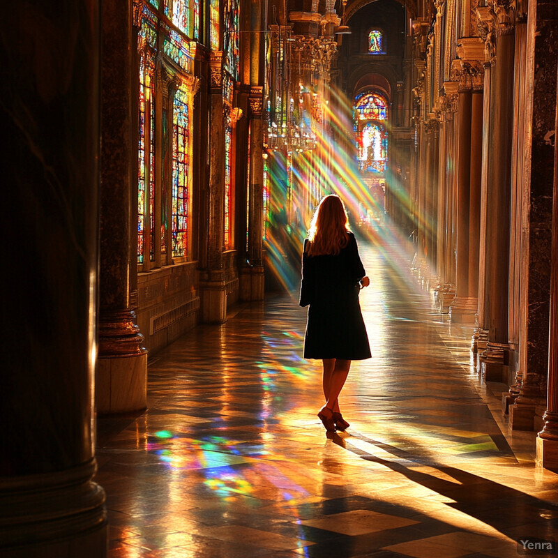 A woman walks down a hallway with vibrant stained-glass windows