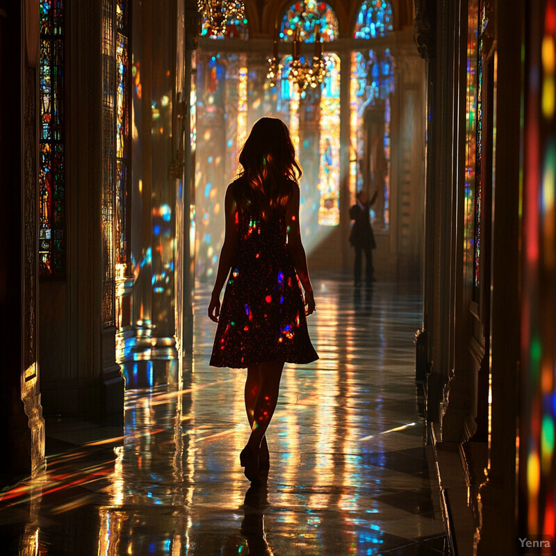 A woman walks down a hallway in a grand cathedral, surrounded by stained glass windows casting rainbow hues on the floor.