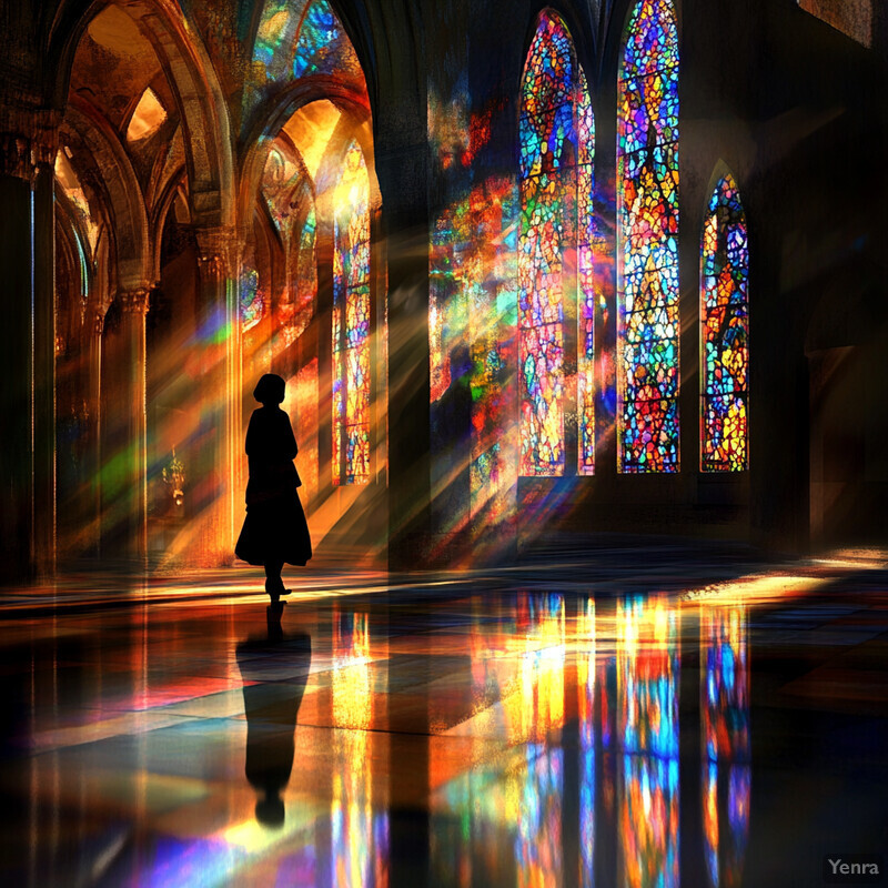 A woman stands in a grand hall with large stained-glass windows, bathed in sunlight.