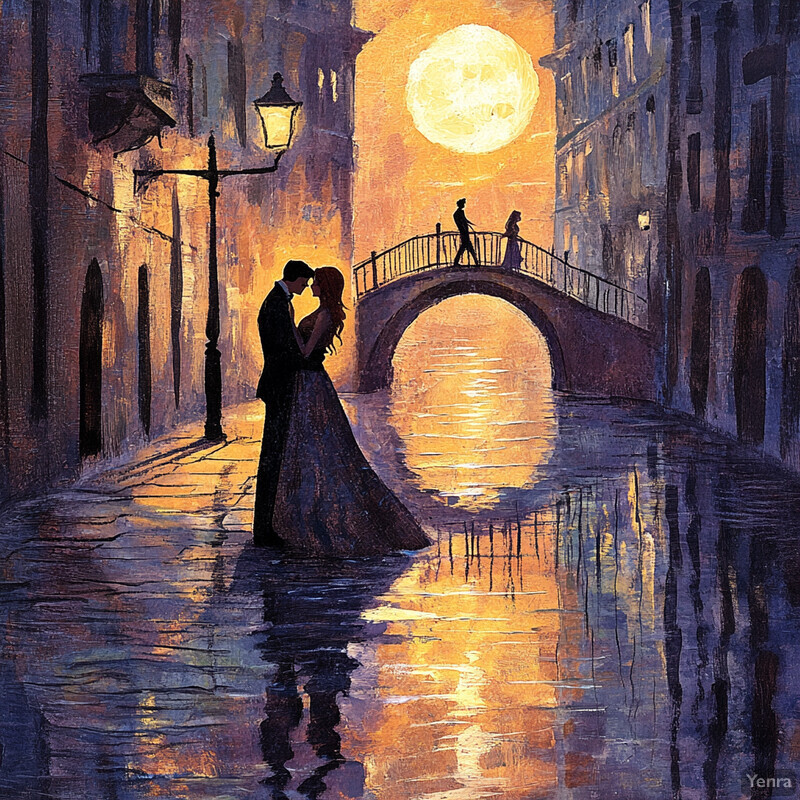 A romantic scene of a couple embracing under the light of a full moon in an urban setting