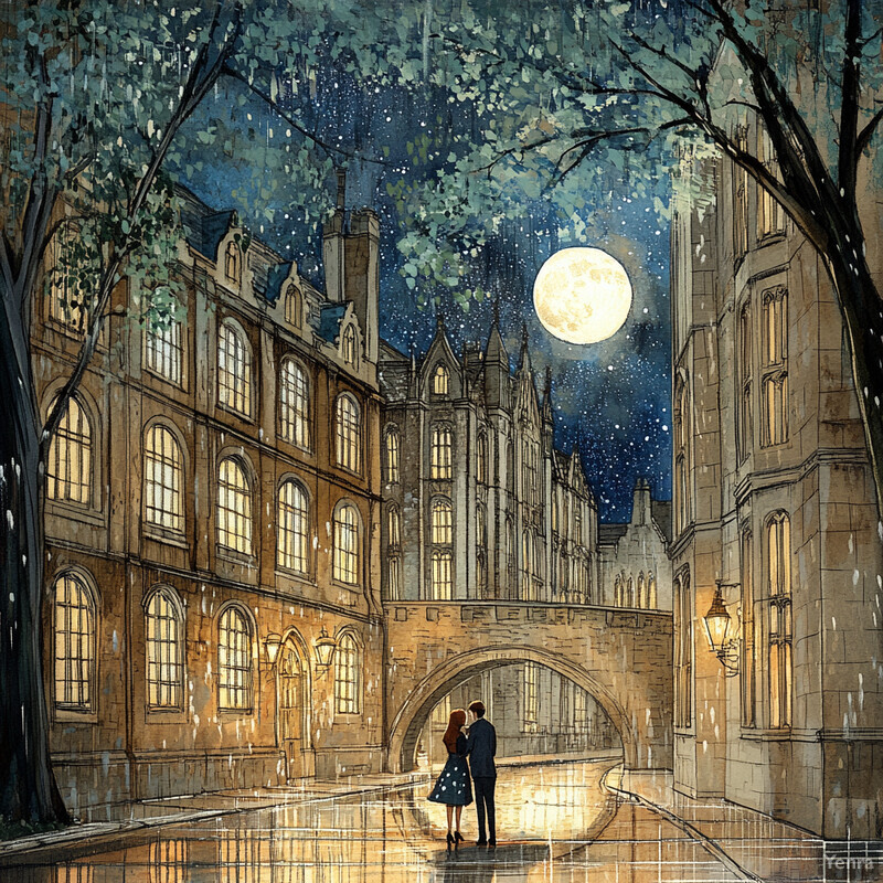 A romantic scene of a couple strolling under a bridge on a rainy night