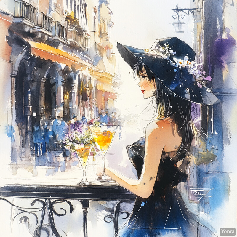 Woman standing at a table in front of a street-side cafe or bar