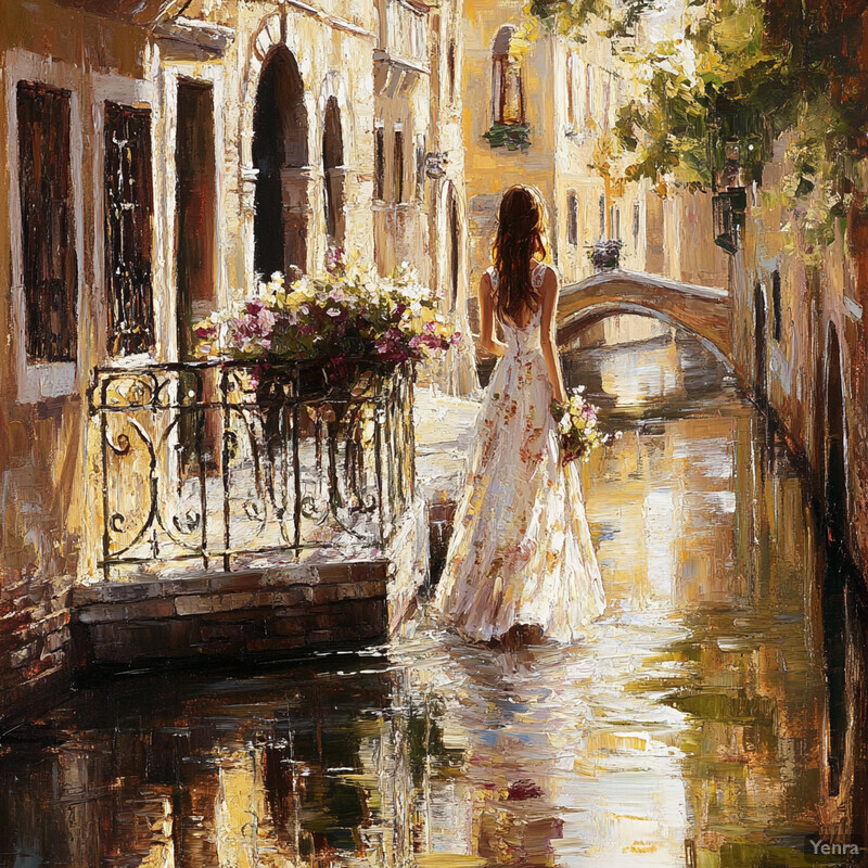 A woman in a white dress stands on a bridge over a canal, surrounded by lush greenery and vibrant flowers.