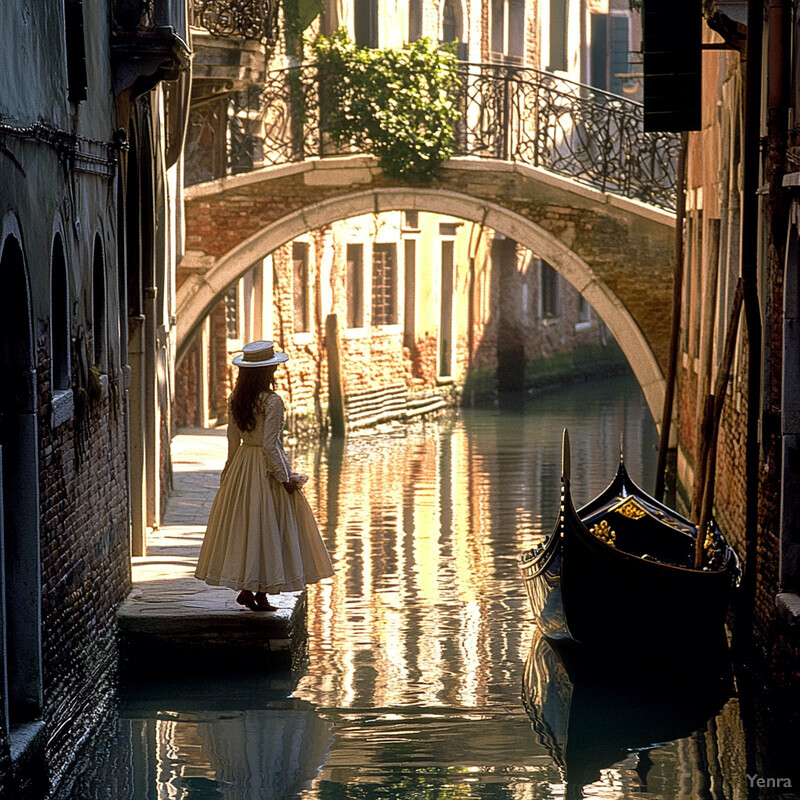 A woman walks down an alleyway in Venice, Italy, dressed in a long white dress with lace details and a wide-brimmed hat adorned with flowers.