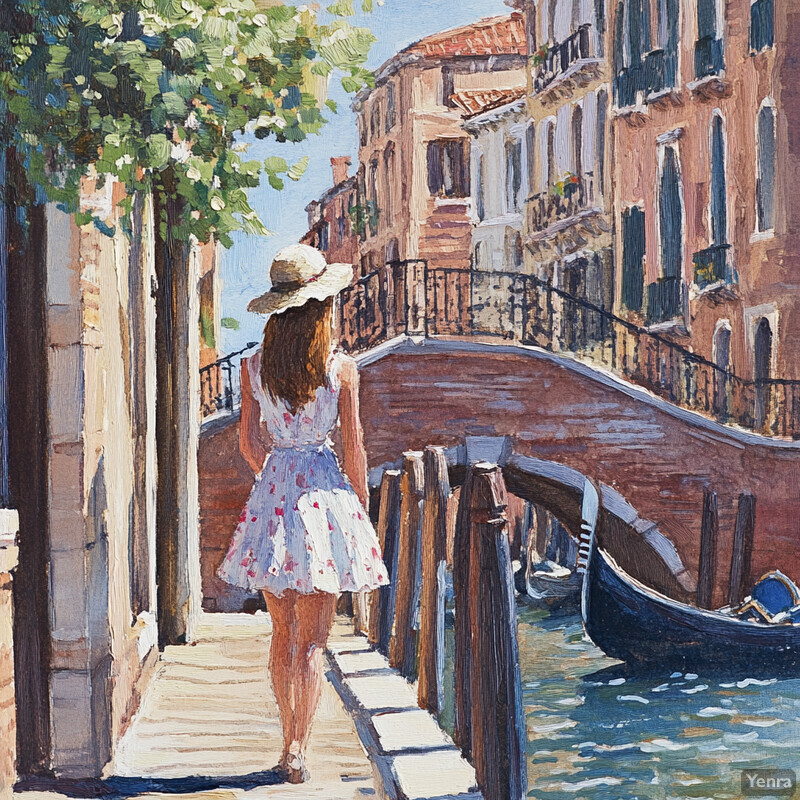 A woman strolls along a canal in Venice, Italy, surrounded by elegant architecture and lush greenery.