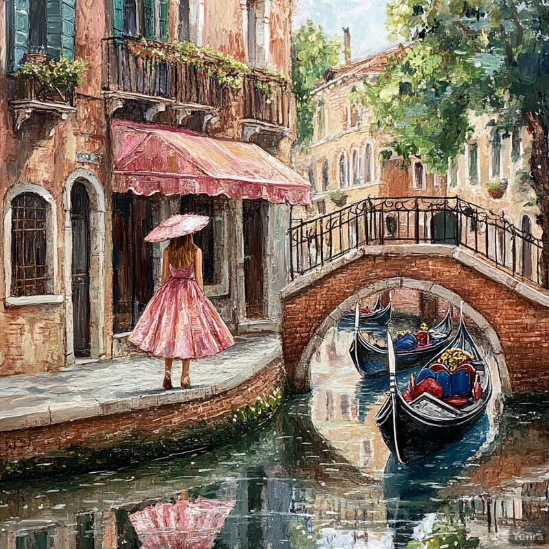 A woman walks along a canal in Venice, Italy, surrounded by ornate buildings and a tranquil atmosphere.