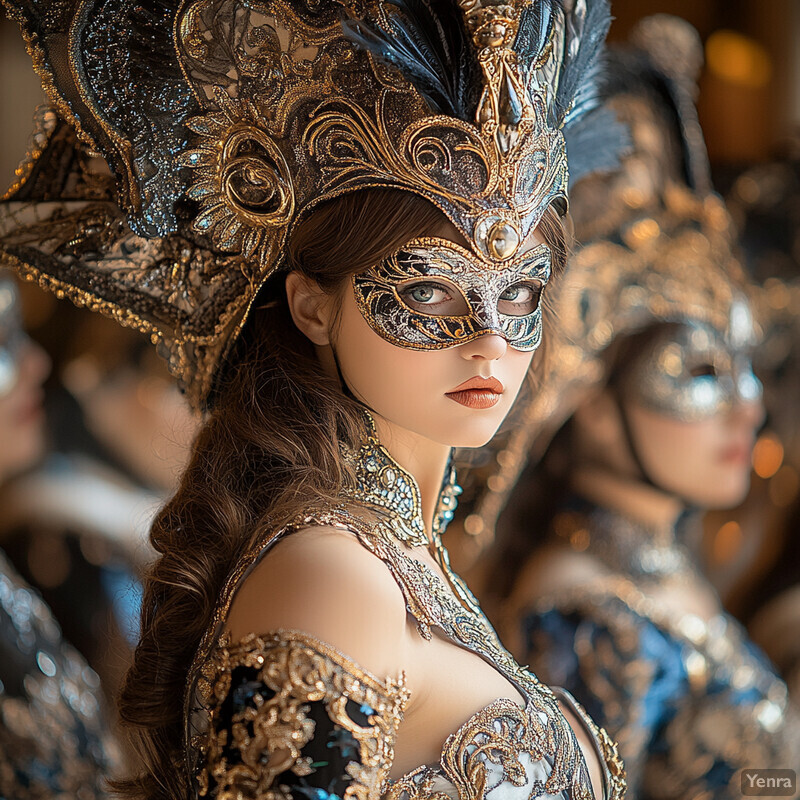 A woman dressed in an elaborate Carnival costume, complete with a mask and headdress, poses for the camera.