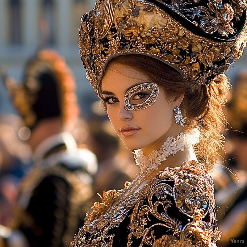 Woman in elaborate attire and accessories at a high-society Carnival event