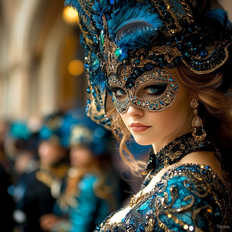 A woman wears an elaborate blue and gold mask and dress, possibly at a high-end event or photoshoot