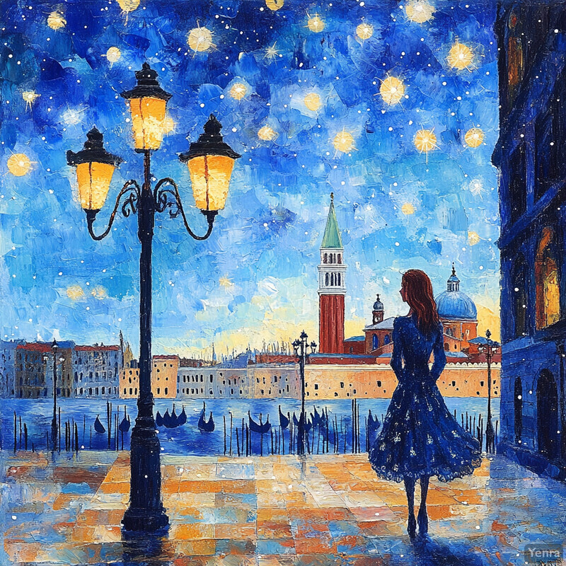 A serene painting of a woman on a bridge overlooking a city skyline at dusk