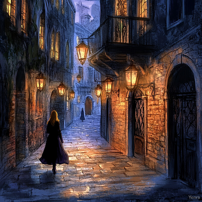 A woman walks down an enchanting alleyway surrounded by old buildings at night.