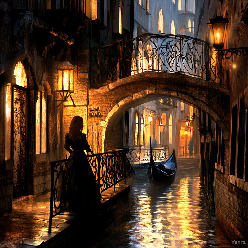 A woman stands on a bridge overlooking a canal in an enchanting alleyway scene.