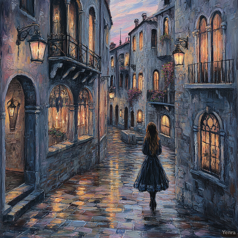 An enchanting alleyway scene at dusk.