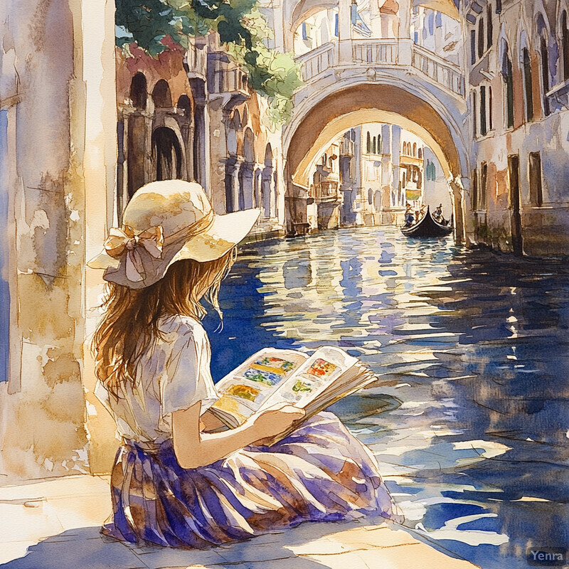 A woman sits by a canal in Venice, Italy, reading a book or magazine.