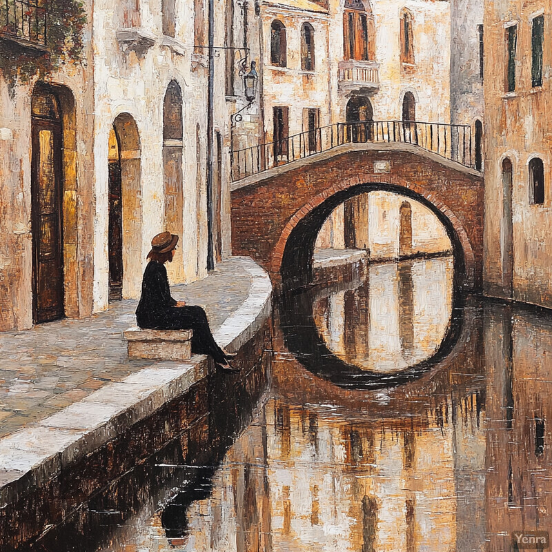 A serene painting of a person sitting on a stone ledge overlooking a tranquil canal in Venice, Italy.