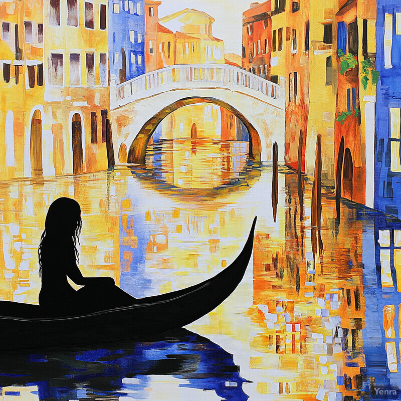 A woman in a boat navigates through a canal or river surrounded by buildings, lost in thought or meditation.