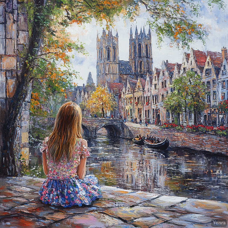 A young girl sits on a stone pathway beside a canal, gazing at an old church in the distance.