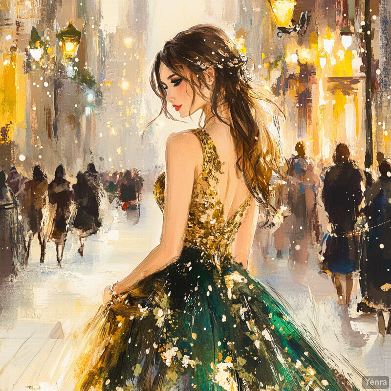 A woman in a gold and green dress walks down a city street at night, surrounded by people and urban details.