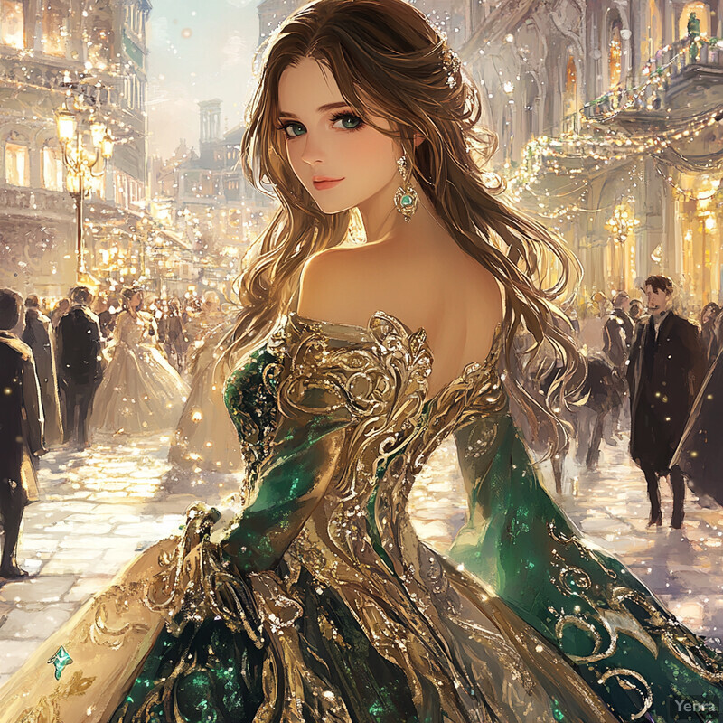 A young woman in an elegant emerald green dress with gold accents stands on a city street.