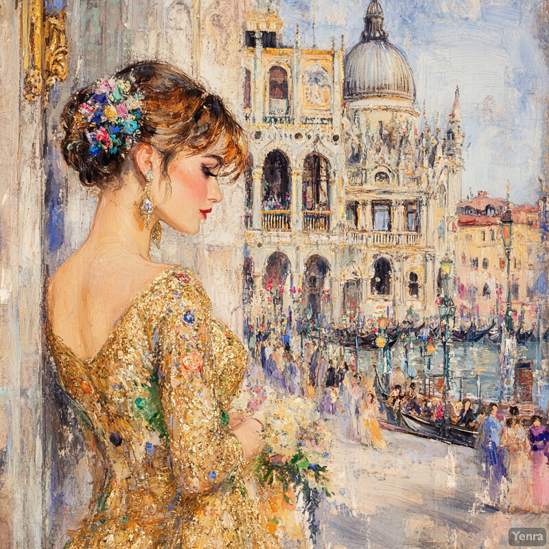 Woman in gold dress standing on a balcony overlooking Venice