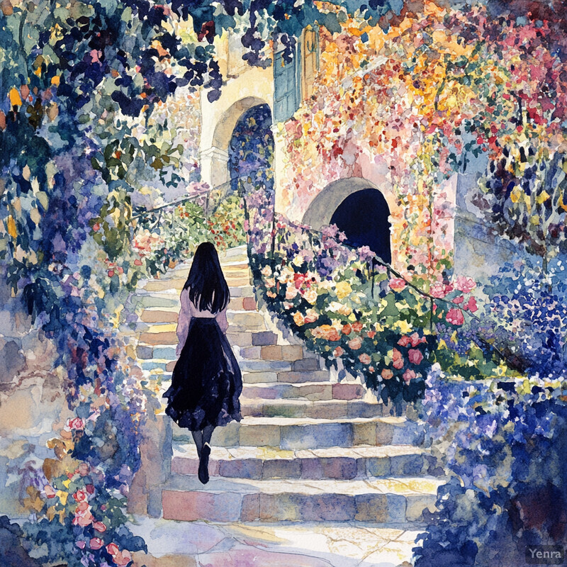 A serene scene of a woman walking down a staircase surrounded by lush greenery and vibrant flowers.