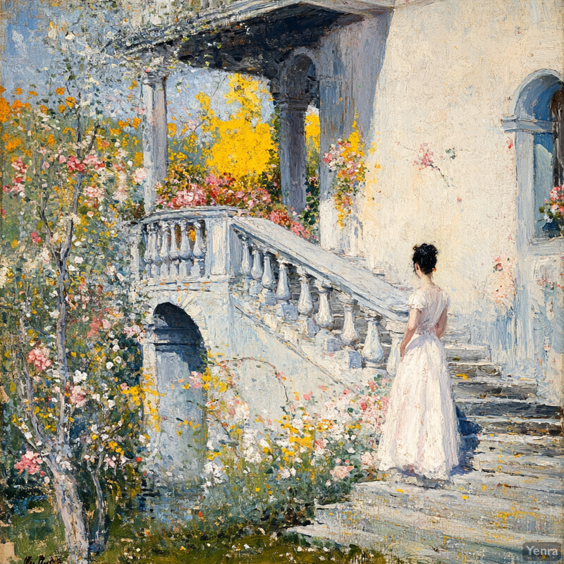 A woman in a white dress stands on a stone staircase surrounded by lush greenery and vibrant flowers