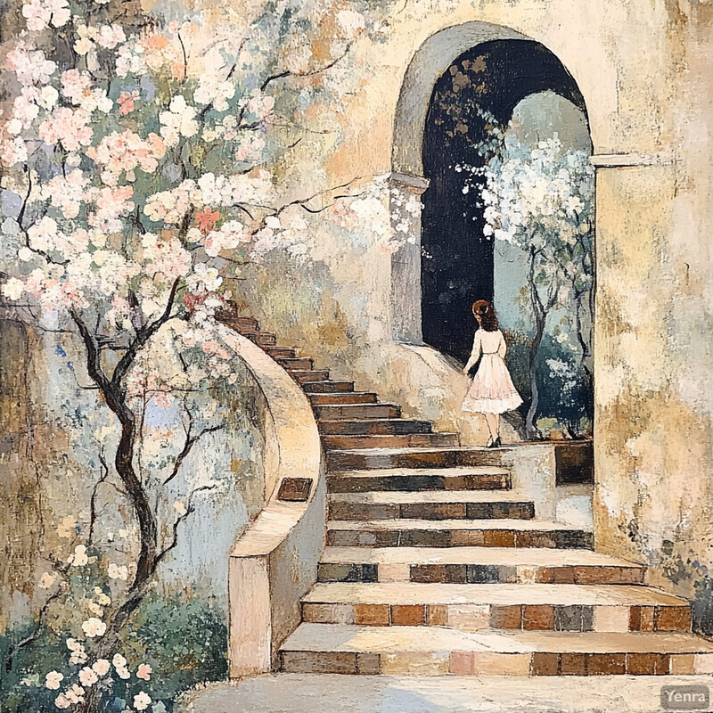 A woman walks down an outdoor staircase surrounded by lush greenery and vibrant flowers.