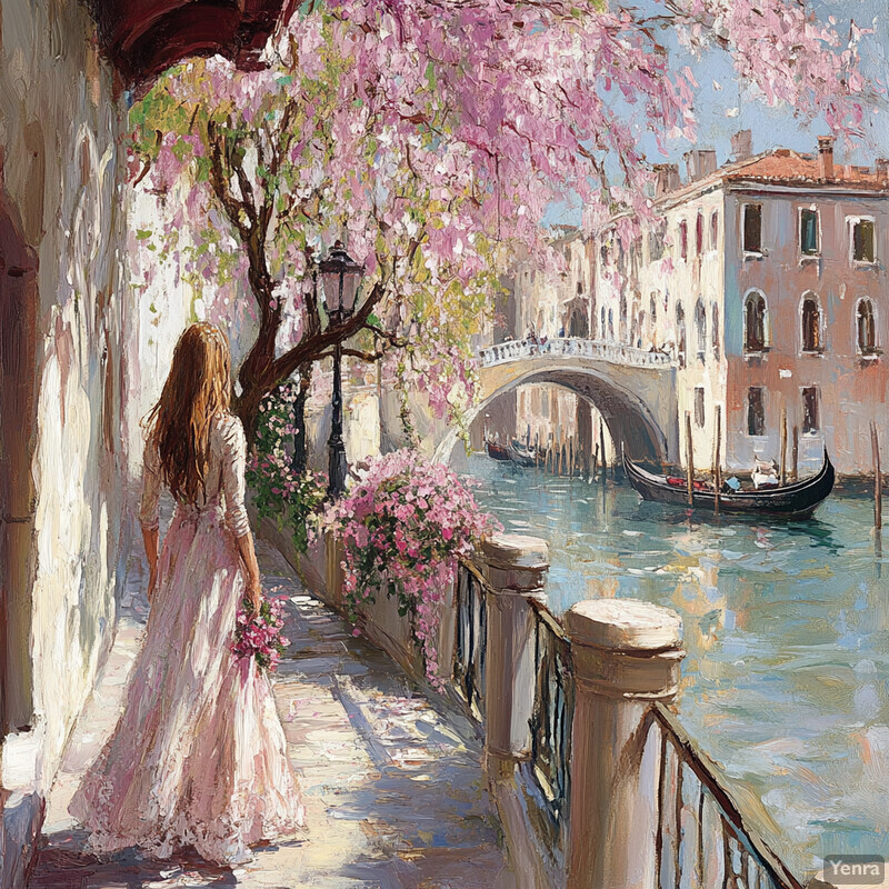 A serene scene of a woman in a white dress walking along a canal in Venice, Italy.