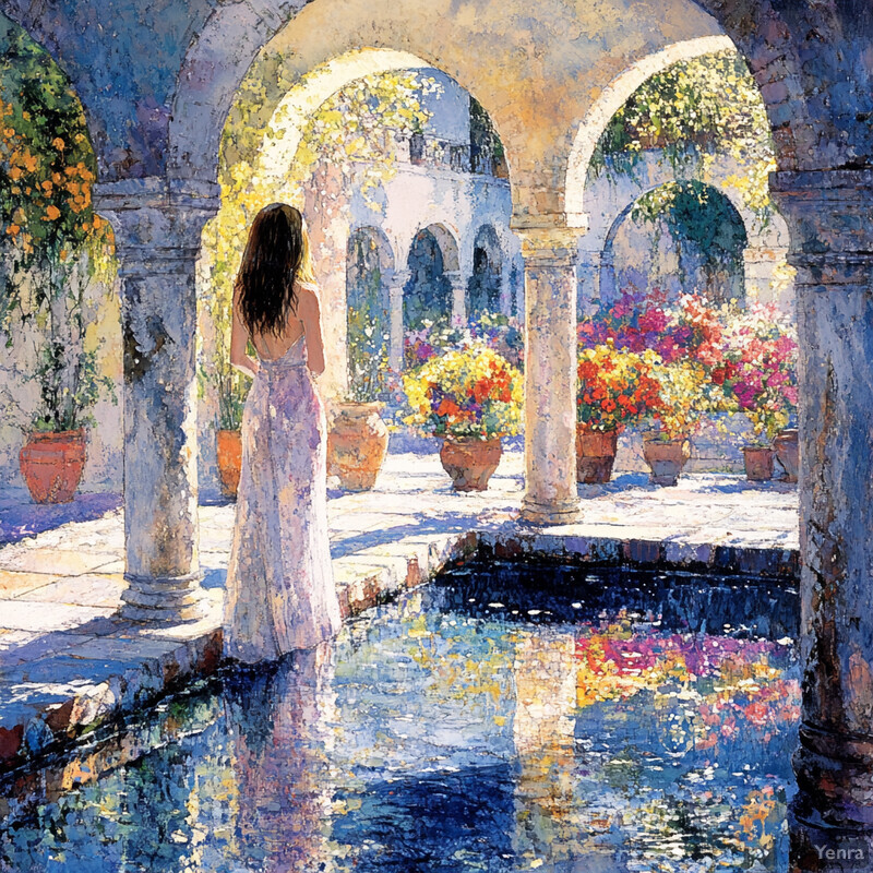 A woman stands in front of an arched walkway surrounded by lush greenery and vibrant flowers.