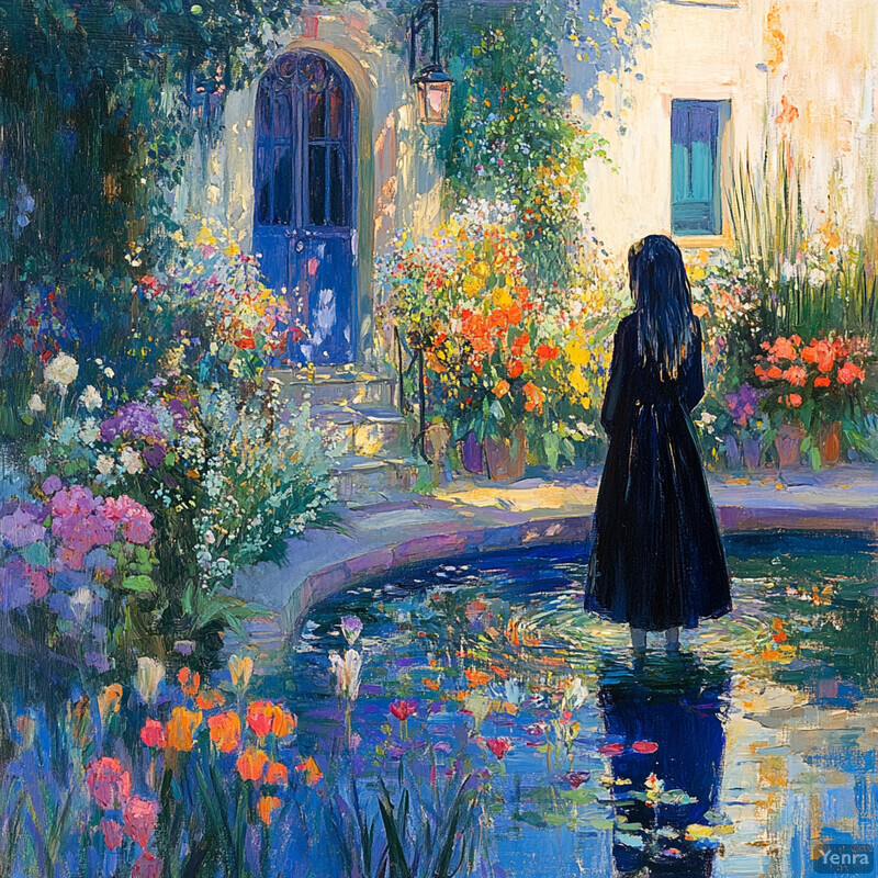 A serene painting of a woman standing in front of a fountain surrounded by lush greenery and vibrant flowers.