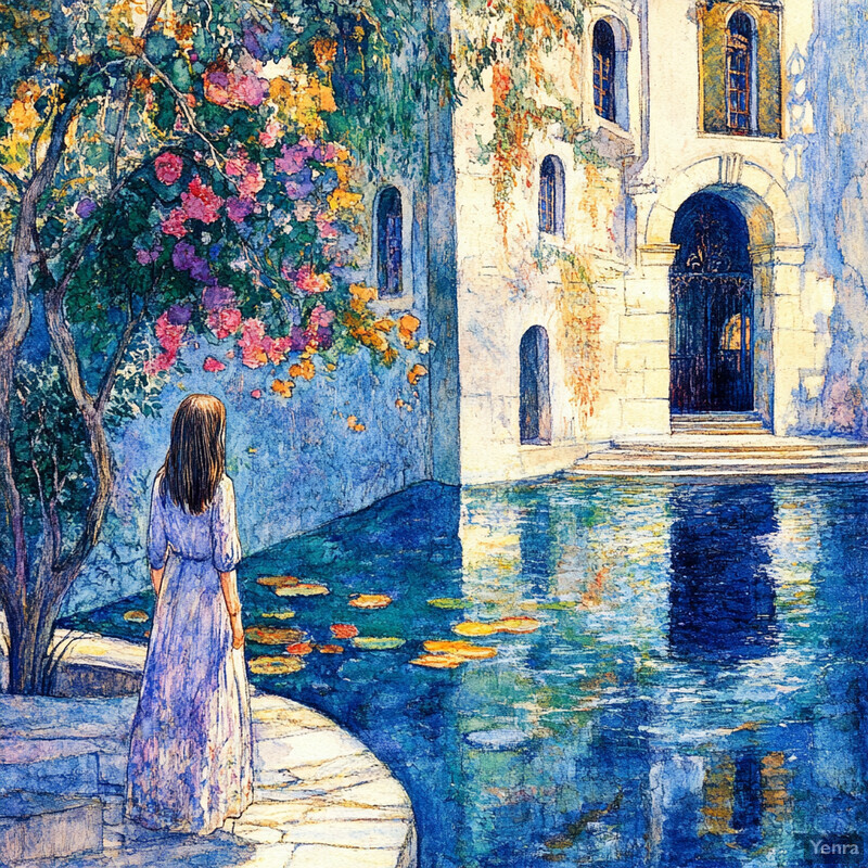 A woman stands by a fountain in a lush garden, surrounded by vibrant colors and soft brushstrokes.