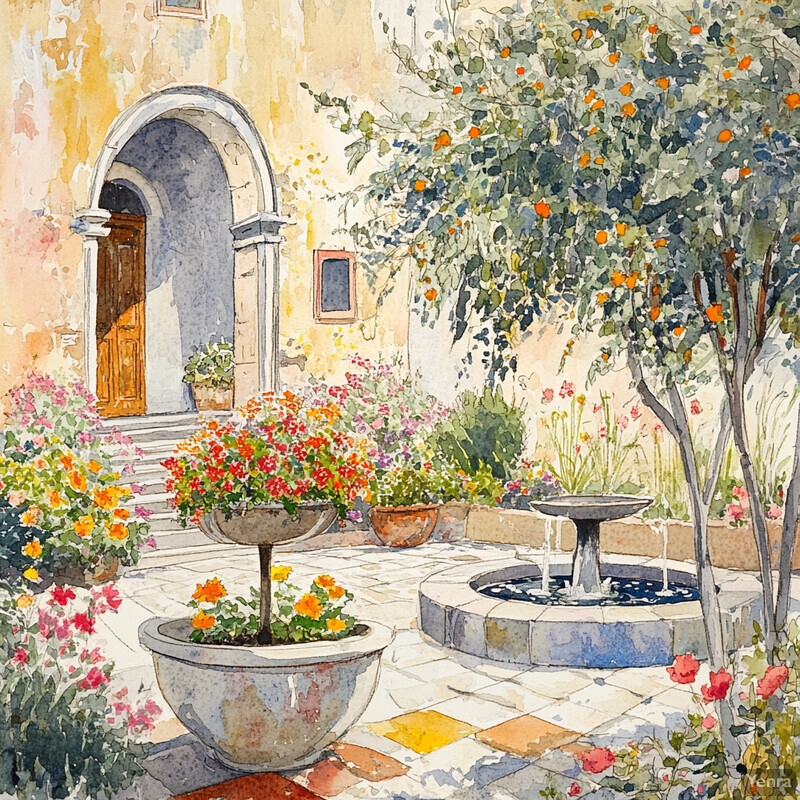 A serene courtyard with a fountain, flowers, and a yellow building