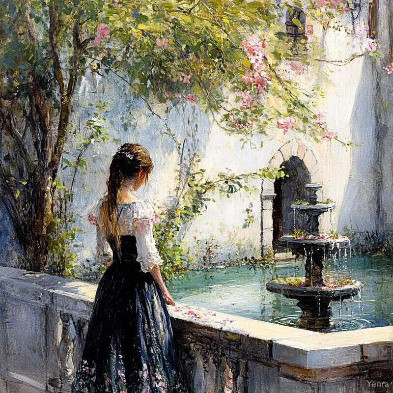 A woman stands in front of a fountain surrounded by lush greenery and vibrant flowers