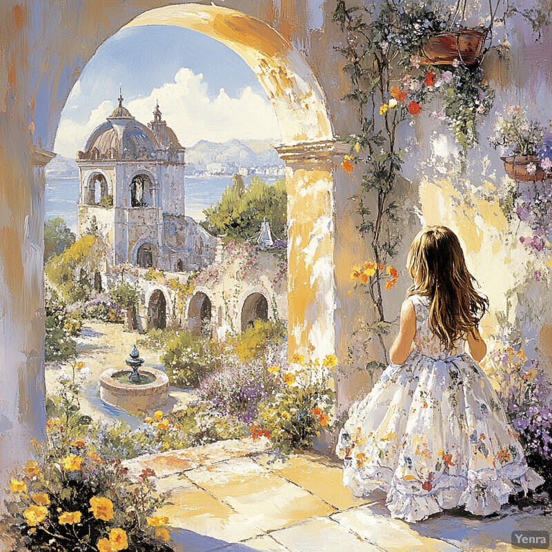 A young girl in a white floral dress stands on a stone pathway, gazing out at a serene landscape.