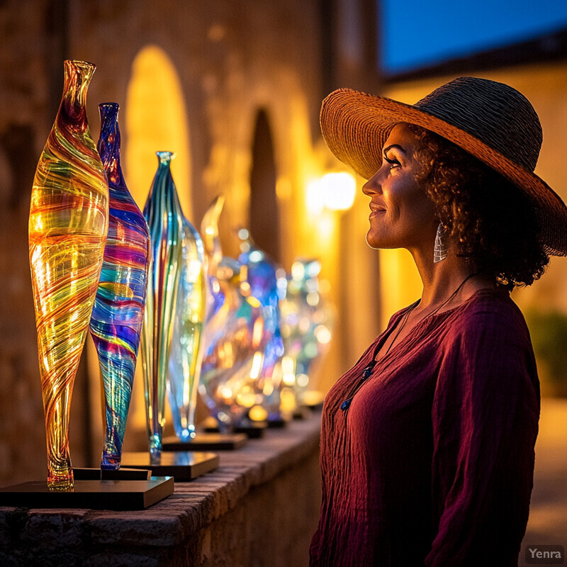 A woman admires glass art sculptures outdoors